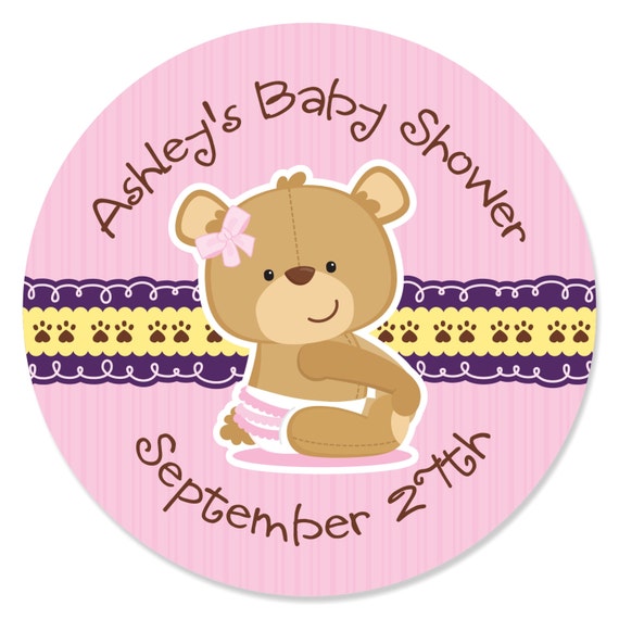 24 Girl Teddy Bear Circle Stickers - Personalized Baby Shower and Birthday Party DIY Craft Supplies Il_570xn
