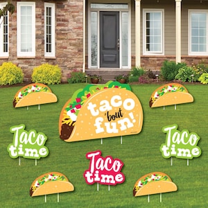 Taco ‘Bout Fun - Yard Sign and Outdoor Lawn Decorations - Mexican Fiesta Yard Signs - Set of 8