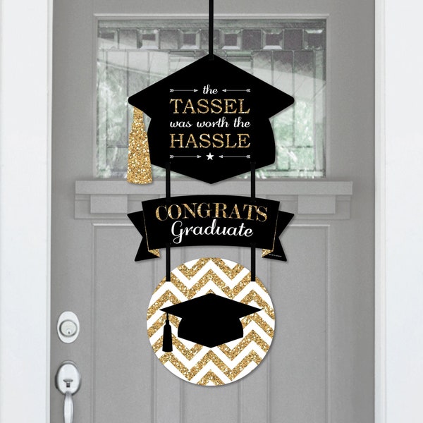 Tassel Worth The Hassle - Gold - Hanging Porch Graduation Party Outdoor Decorations - Front Door Decor - 3 Piece Sign