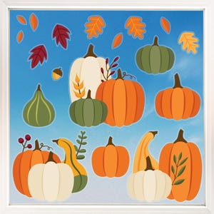 May include: A collection of colorful pumpkins and gourds in various shapes and sizes, with autumn leaves and an acorn, set against a blue sky background. The pumpkins are in shades of orange, green, and white.