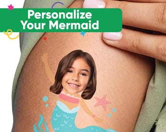 Custom Photo Mermaid Temporary Tattoos for Girls' Birthday Activity Upload 1 Photo Personalized Face Mermaid Party Favor Tattoos - Set of 12