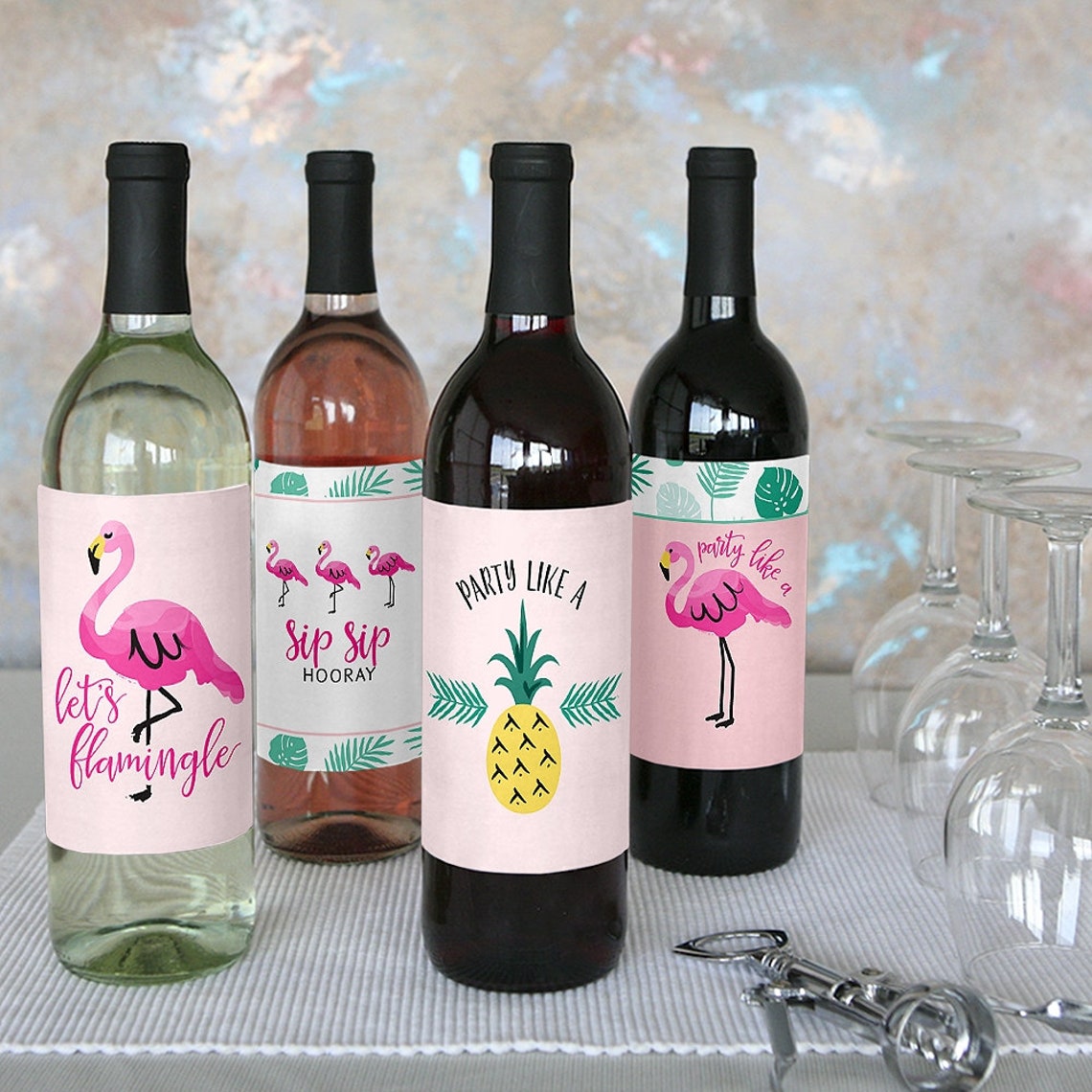Pink Flamingo Wine Bottle Labels Tropical Summer Party Wine Etsy
