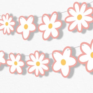 Pink Daisy Flowers Garland Banner, Boho Hanging Decorations, Groovy Floral Party Banner, 30 Feet of Cord, 15 Double-Sided Daisies
