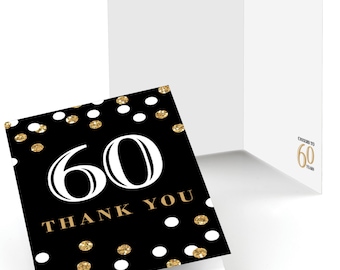 60th Birthday Thank You Cards - Adult 60th Birthday - Gold Thank You Cards - Birthday Party Thank You's - Set of 8 Folding Note Cards