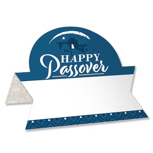 May include: Blue and white table card with a graphic of a building and stars. The text "Happy Passover" is written in a decorative font.