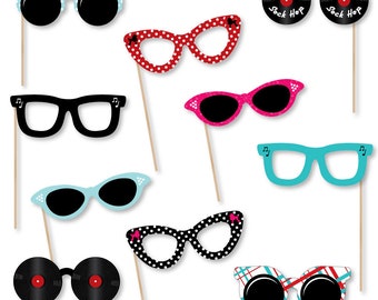 50's Sock Hop - Photo Booth Accessories - Fun Selfie 1950's Rock N Roll Decade Party Card Stock Paper Glasses - I Love The 50's - 10 Pc