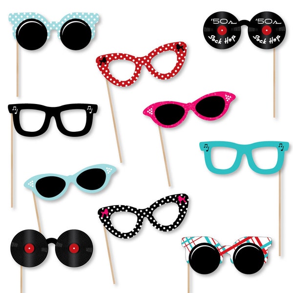 50's Sock Hop - Photo Booth Accessories - Fun Selfie 1950's Rock N Roll Decade Party Card Stock Paper Glasses - I Love The 50's - 10 Pc