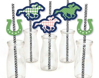 Kentucky Horse Derby - Die-Cut Straw Decorations - Horse Race Party Paper Cut-Outs & Striped Paper Straws - Horse Racing Party Decor - 24 Pc