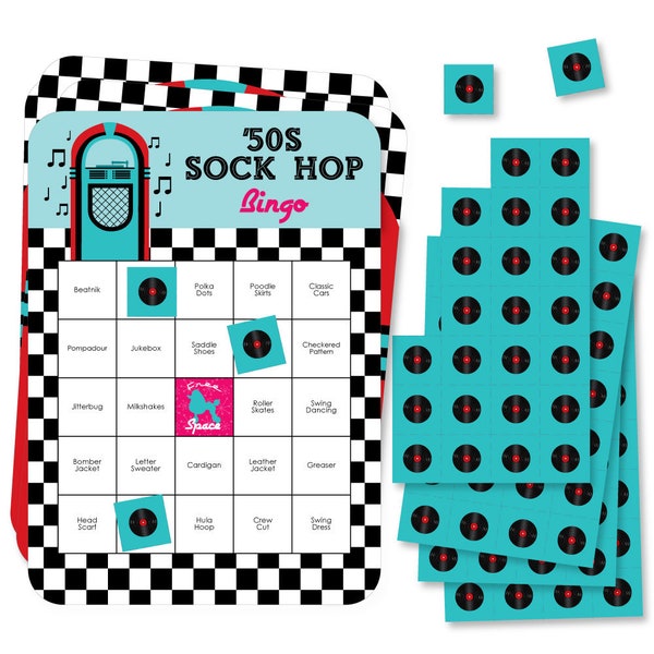 50’s Sock Hop - Bar Bingo Cards and Markers - 1950s Rock N Roll Party Bingo Game - Set of 18