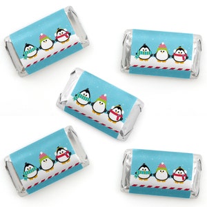 Holly Jolly Penguin - Mini Candy Bar Wrapper Stickers - Holiday & Christmas Party Small Favors - 40 Count