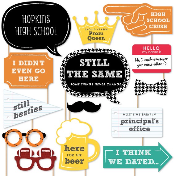 Class Reunion Photo Booth Props - Class Reunion with Mustache, Hat, Bow Tie, Glasses and Custom Talk Bubble - 20 Count Il_570xn