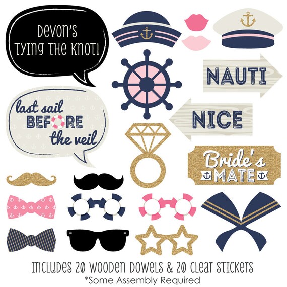 20 pc. Nautical Bachelorette Party - Photo Booth Props - Last Sail Before The Veil - w/Mustache, Hat, Bow Tie, Glasses & Custom Talk Bubble Il_570xn