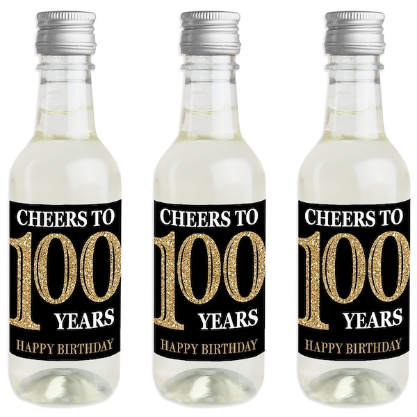 Adult 100th Birthday - Gold - Mini Wine and Champagne Bottle Label Stickers - Birthday Party Favor Gift for Women and Men  - Set of 16