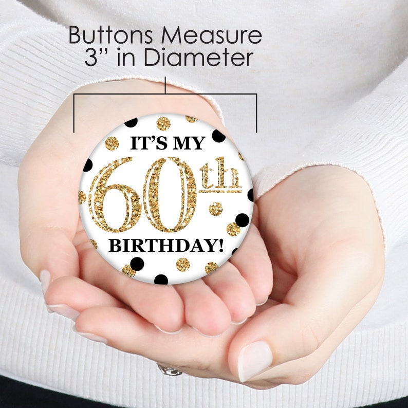 Adult 60th Birthday Gold 3 inch Birthday Party Badge Pinback Buttons Set of 8 image 7