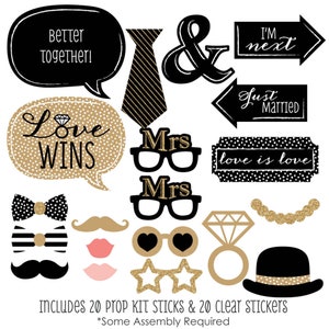 Lesbian Wedding Photo Booth Props - Prop Kit - Mrs. & Mrs. - Gold w/Mustache, Hat, Bow Tie, Glasses and Custom Talk Bubble - 20 pc.