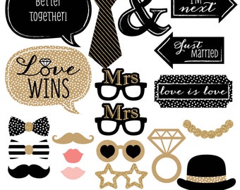 Lesbian Wedding Photo Booth Props - Prop Kit - Mrs. & Mrs. - Gold w/Mustache, Hat, Bow Tie, Glasses and Custom Talk Bubble - 20 pc.