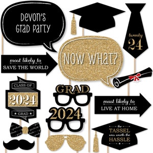 Tassel Worth the Hassle - Gold Photo Booth Props Kit - Personalized 2024 Graduation Party - 20 Count