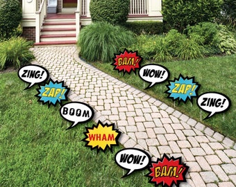 Bam Superhero - Comic Book Lawn Decorations - Outdoor Baby Shower or Birthday Party Yard Decorations - 10 Piece