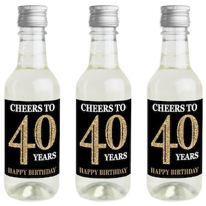 Adult 40th Birthday - Gold - Mini Wine and Champagne Bottle Label Stickers - Birthday Party Favor Gift for Women and Men  - Set of 16