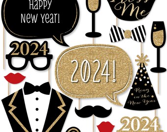 New Year's Eve - Gold - 2024 New Year's Eve Party Photo Booth Props Kit - 20 Count