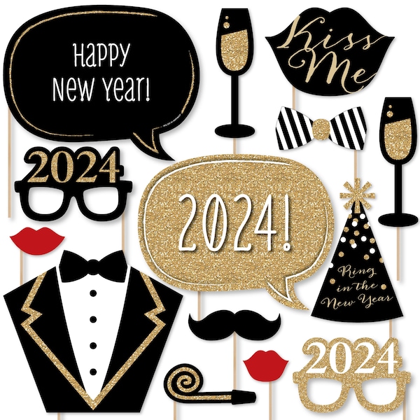 New Year's Eve - Gold - 2024 New Year's Eve Party Photo Booth Props Kit - 20 Count