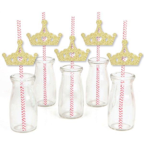 Gold Glitter Princess Crown Party Straws - No-Mess Real Gold Glitter Cut-Outs and Princess Baby Shower or Birthday Paper Straws - 24 Ct