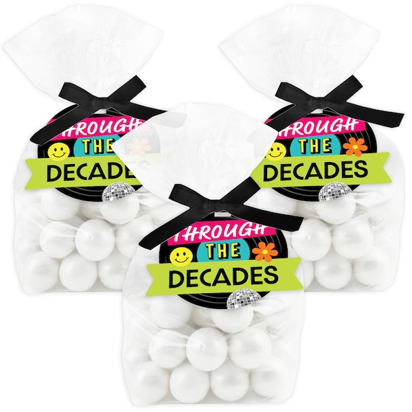 Through the Decades - 50s, 60s, 70s, 80s, and 90s Party Clear Goodie Favor Bags - Treat Bags With Tags - Set of 12