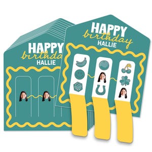 Teal Green and Yellow Wavy Custom Birthday Pull Tabs Game, Face Cutout Party Game Pickle Cards, Personalized Pull Tabs 3-in-a-Row