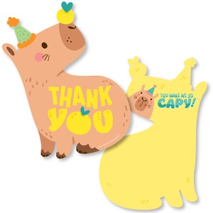 May include: Thank you card featuring a cartoon capybara wearing a party hat and holding a lemon. The card says "Thank You" and "You make me so capy!"