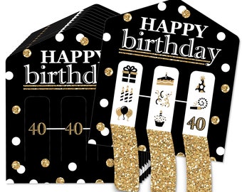 Cumpleaños número 40 para adultos, dorado, juego de tarjetas de pepinillo para fiesta de cumpleaños, pestañas para tirar, 3 en fila, juego de 12