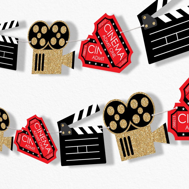 May include: A red and gold glitter movie themed party banner with alternating images of a film clapboard, a movie camera, and tickets that say "Cinema Admit One".