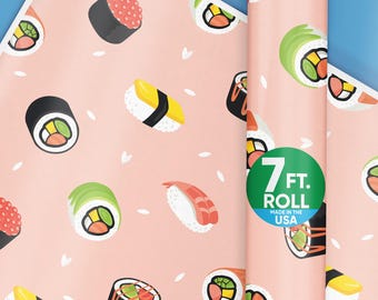 Sushi Wrapping Paper, Japanese Party Theme Gift Wrap for Birthday Parties, 24 in x 7 feet, 1 Roll
