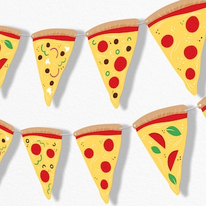May include: A decorative bunting banner featuring multiple triangular pizza slice cutouts. Each slice has a tan crust, a red sauce layer, and yellow cheese topped with various illustrations of pepperoni, mushrooms, and green basil leaves.