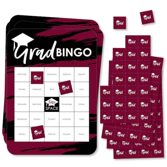 Maroon Grad - Best is Yet to Come - Bingo Cards and Markers - Burgundy Graduation Party Shaped Bingo Game - Set of 18 Il_570xn