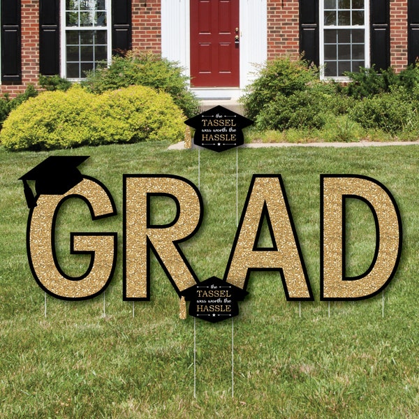 Tassel Worth The Hassle - Gold - Yard Sign Outdoor Lawn Decorations - Graduation Party Yard Signs - GRAD