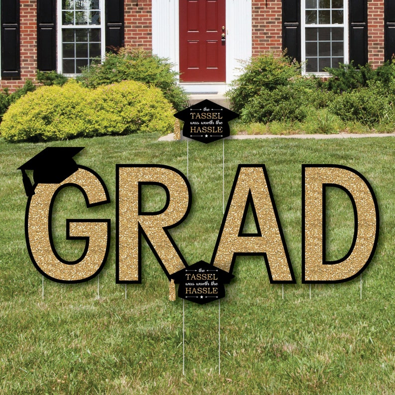 Tassel Worth The Hassle Gold Yard Sign Outdoor Lawn Decorations Graduation Party Yard Signs GRAD image 1