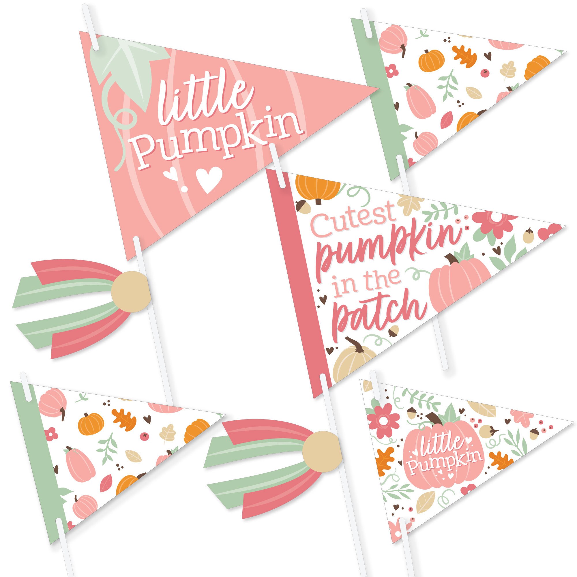Girl Little Pumpkin Triangle Fall Birthday Party or Baby Shower Photo Props Pennant Flag Centerpieces Set of 20