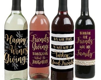 Elegant Thankful for Friends - Wine Bottle Labels for Friendsgiving Thanksgiving Party Gifts for Men and Women - Set of 4 Sticker Labels