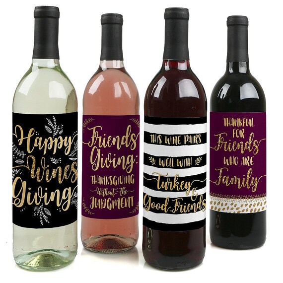 Elegant Thankful for Friends - Wine Bottle Labels for Friendsgiving Thanksgiving Party Gifts for Men and Women - Set of 4 Sticker Labels Il_570xn