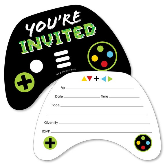 Game Zone Shaped Fillin Invitations Pixel Video Game Baby Shower