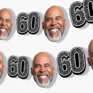 Custom 60th Birthday Face Cut Out Garland Banner, Personalized Adult Birthday Party Decor, 30 Ft of Cord, 5 Face Cutouts 5 Age 60 Shapes Black