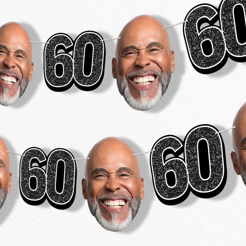 Custom 60th Birthday Face Cut Out Garland Banner, Personalized Adult Birthday Party Decor, 30 Ft of Cord, 5 Face Cutouts 5 Age 60 Shapes Black