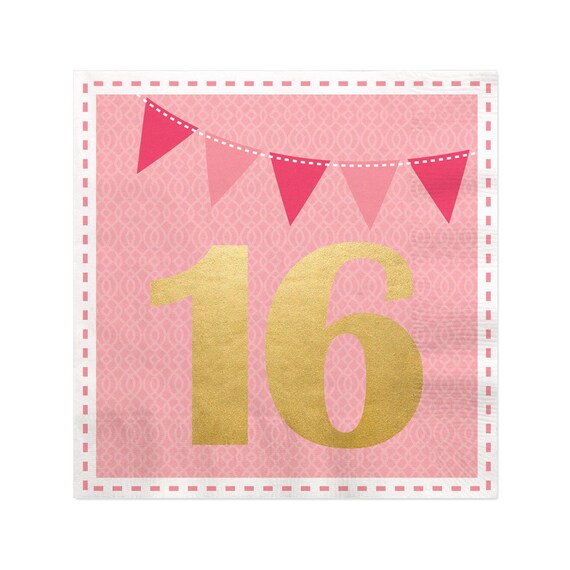 Sweet 16 with Gold Foil - 16th Birthday Party Cocktail Beverage Napkins - Sixteenth Birthday Party - 16 ct Il_570xn