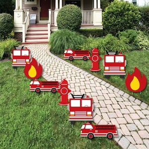 Camión de bomberos encendido - Decoraciones para césped - Camión de bomberos para exteriores - Decoraciones para baby shower o fiestas de cumpleaños - Arte para césped - 10 piezas