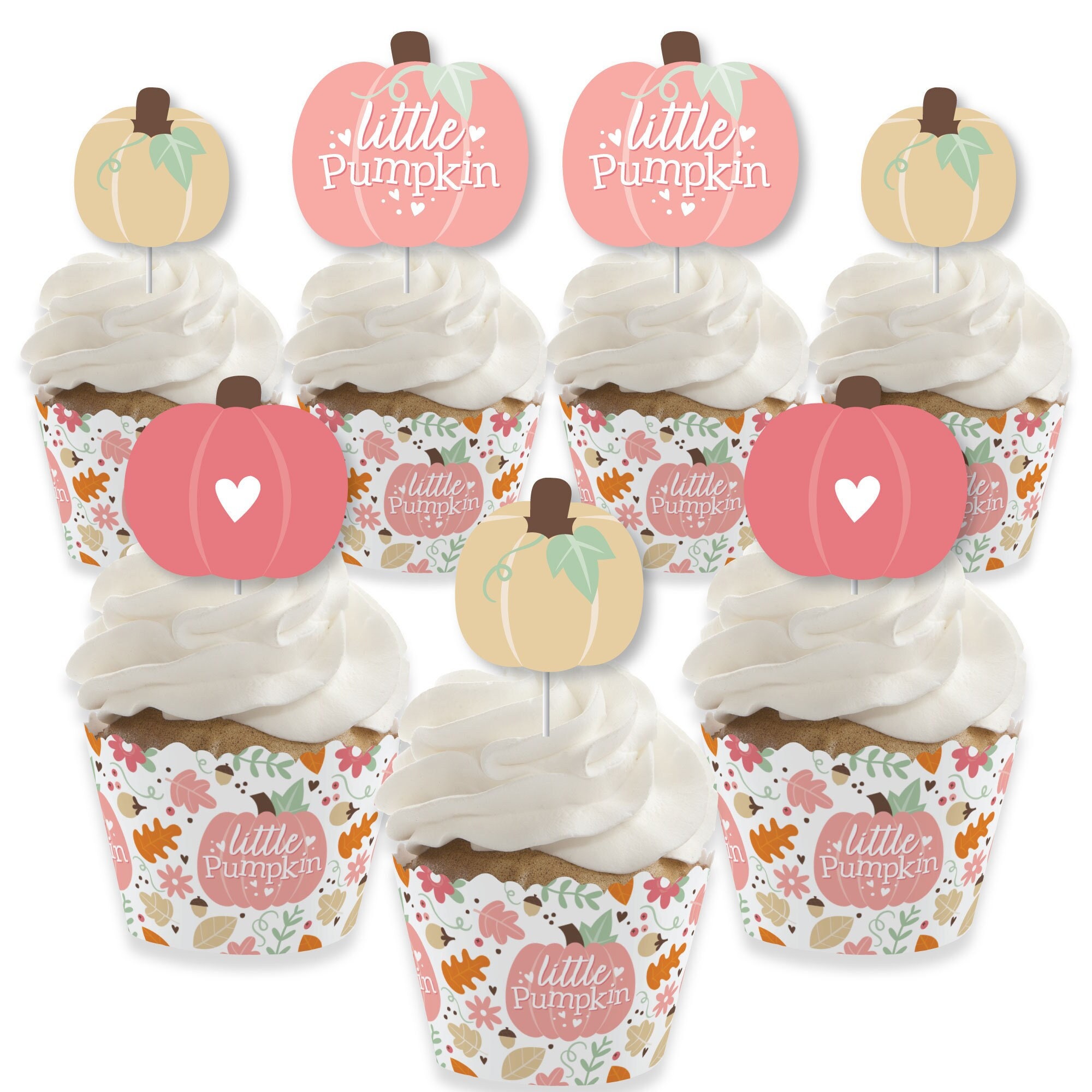 Girl Little Pumpkin Cupcake Decoration Fall Birthday Party or Baby Shower Cupcake Wrappers and Treat Picks Kit Set of 24