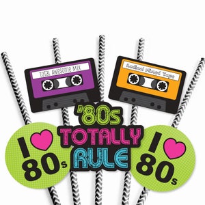 80's Retro Die-Cut Straw Decorations Totally 1980s Party Paper Cut-Outs & Striped Paper Straws Eighties Party I Love the 80s 24 Pc image 5