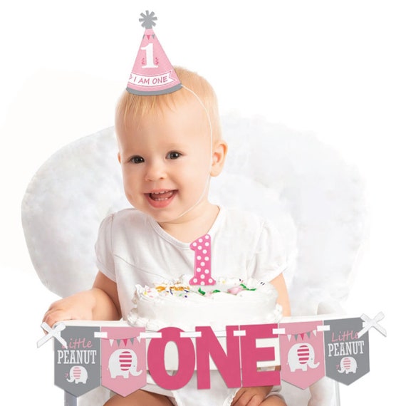 Pink Elephant - 1st Birthday Girl Smash Cake Decoration Kit -Girl Elephant High Chair Banner - Printed on Heavy Cardstock Il_570xn