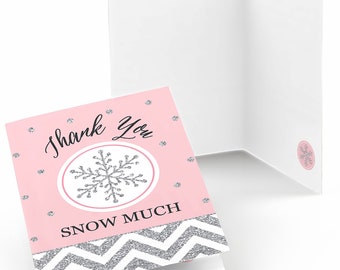 Pink Winter Wonderland Party Thank You Cards - Winter Wedding Party Supplies - Holiday Snowflake Birthday Party & Baby Shower -Set of 8 Card