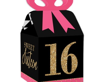 Chic 16th Birthday - Pink, Black and Gold - Square Favor Gift Boxes - Birthday Party Bow Boxes - Set of 12