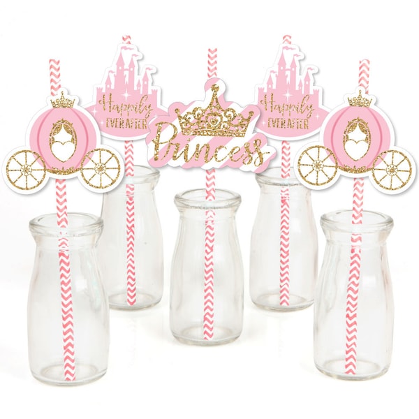 Little Princess Crown - Die-Cut Straw Decorations - Pink and Gold Baby Shower or Birthday Party Paper Cut-Outs & Striped Paper Straws -24 Ct